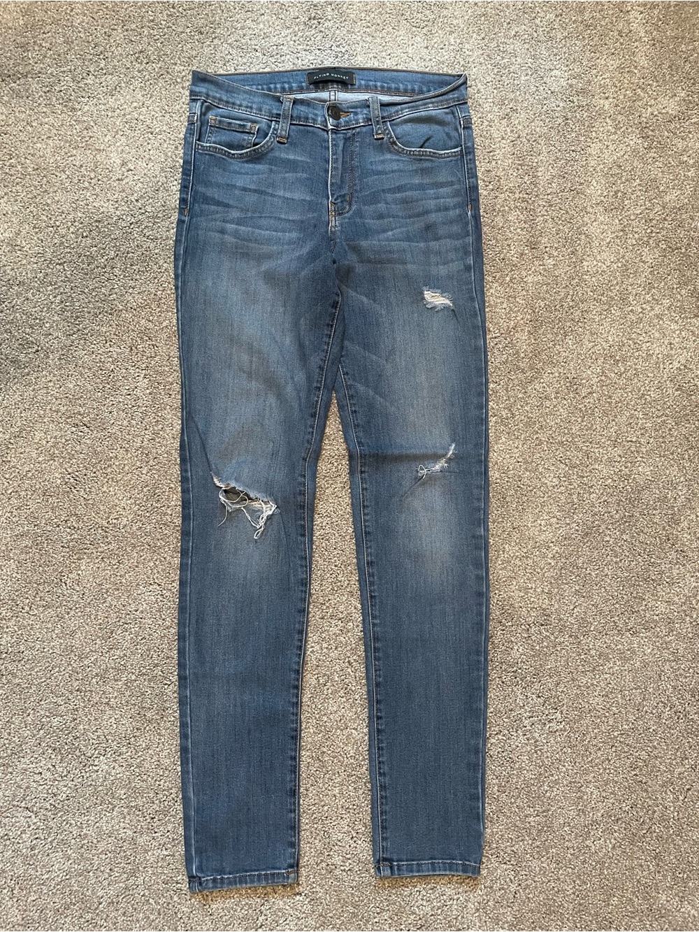 Flying Monkey Ripped Denim Skinny Jeans in Mid Blue